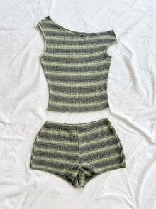 Soleia 2pcs Women Casual Asymmetrical Shoulder Fitted Top And Super Low-Waist Skinny Shorts Set, Suitable For Party, Christmas, Date Night, Nightclub, Bohemian, Boho, Vacation, Fall - Green - View 4