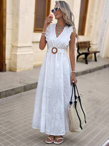 Brillora Vestido con cuello en V, manga corta y tapa, de tela texturizada, para vacaciones informales de mujer - Blanco - Ver 4