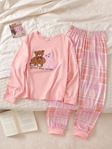 2pcs/Set Teen GirlCute Bear Print Sweatshirt And Plaid Pants Pajama Set, Comfortable And Fashionable