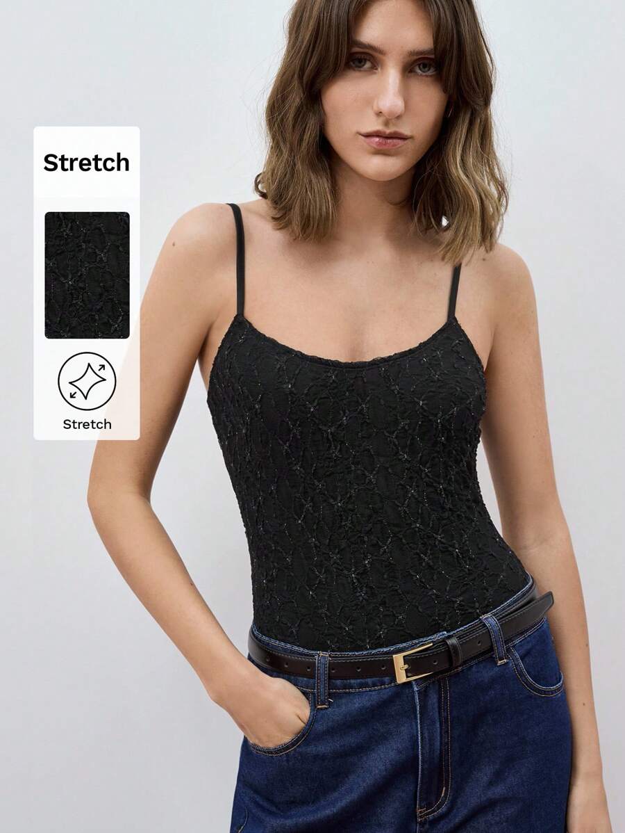 Maija Women Jacquard Knit Slim Fit Camisole Bodysuit,Festival