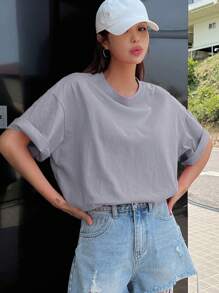 DAZY Hollow Out Heart Round Neck Oversized T-Shirt Cute Tops,Graphic Tees Preppy Tops - Purple - View 2