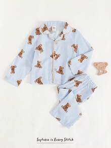 Cozy Pixies 2件套男童卡通熊图案翻领短袖开衫和松紧腰短裤套装 - 霧霾藍 - 查看 3