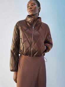 Maija Áo khoác chần bông cổ đứng tay dài màu trơn dành cho nữ Áo khoác ngắn màu nâu Áo khoác màu nâu cho mùa thu/đông - Cà phê nâu - Xem 7