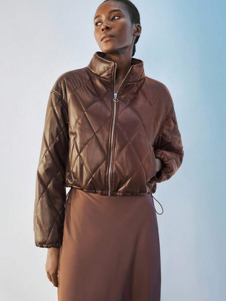 SHEIN Maija Women's Solid Color Stand Collar Long Sleeve Padded Coat Quilted Jacket Crop Jackets Brown Clothes Brown Jacket In Fall/Winter