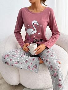 EURMUSE 100% Cotton 2Pcs  Animal Printed Homewear Pj Set - Dusty Pink - View 3