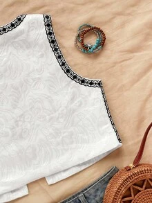 Soleia Women's Spring/Summer Open Front Embroidered Casual Top Jacket, Party, Boho Top Floral Top Embroidered Top Summer Top Boho Summer Tops - Black and White - View 7