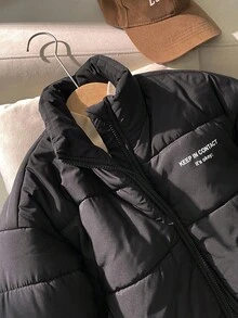 SHEIN Sparklyn Tween 女童休闲百搭通勤宽松立领字母印花棉服外套，秋冬季保暖 - 黑色 - 查看 6