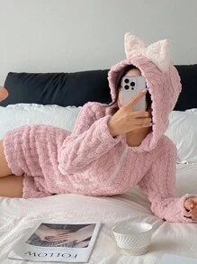 SHEIN 蝴蝶结连帽抓绒睡衣连体衣可爱睡衣女式蓬松睡衣可爱家居服毛绒睡衣连帽可爱睡衣，秋冬舒适 - 粉色 - 查看 4