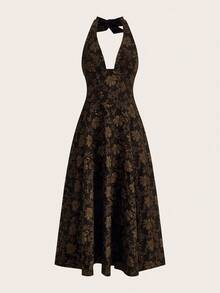 SHEIN ICON 深V领蝴蝶结系带宫廷风浪漫提花缎面连衣裙 - 棕色 - 查看 1