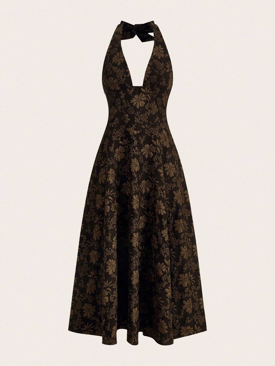 SHEIN ICON 深V领蝴蝶结系带宫廷风浪漫提花缎面连衣裙 - 棕色 - 查看 1