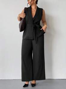 Firerie 大码女装休闲优雅通勤简约纯黑色神秘无袖系带背心马甲腰系带宽松阔腿裤带口袋两件套/演唱会改良机场教师工作服，秋季女装大码裤装套装大码两件套女优雅两件套两件套裤子套装女秋季 - 黑色 - 查看 7