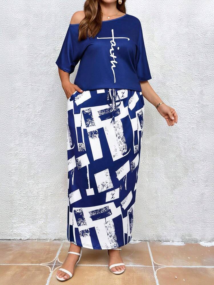2pcs/Set Plus Size Summer Casual Letter Print Asymmetric Neck T-Shirt & Fully Allover Print Dress 2 Piece Skirt Sets Woman Modest Two Piece Set Blue And White Dress Women Fall Clothes Plus Size,Concert Outfits For Women,Lounge Sets For Women, Boho,Country Outfits Women
