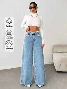 EURMUSE WOMEN DENIM WIDE LEG MID WAIST LACE BELT DETAIL JEANS - Light Wash - View 6