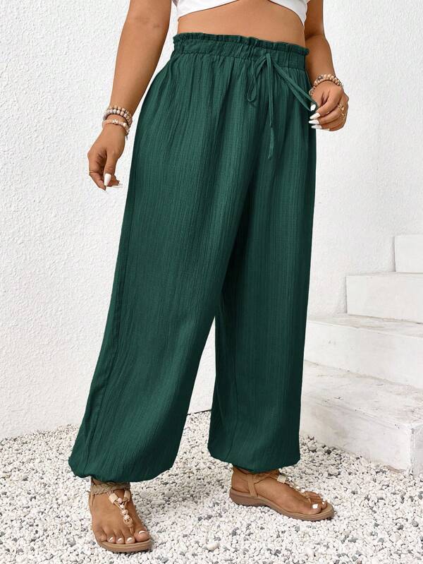 SHEIN Frenchy Pantalones rectos casuales y sueltos con cordón para mujer de talla grande