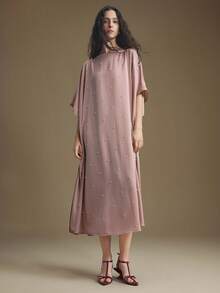 Ontre 2025年新款女装、秋冬服饰、四季服装、冬季服装、女士返校装、万圣节和圣诞节服装、女士教师服装、休闲外出、夜间外出服装、婚礼宾客服装、优雅婚礼宾客礼服、女士教堂服装、商务休闲装、优雅串珠蝙蝠袖商务休闲连衣裙 - 粉色 - 查看 3