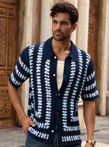 Manfinity VCAY Men's Casual Loose Drop Shoulder Short Sleeve Cardigan, For Fall Winter - Multicolor - View 4