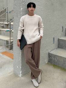 DAZY 秋季格纹面料松紧腰棕色街头潮流男士长裤，适合秋季