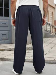 Manfinity Homme Pantalon casual ample à jambe droite avec taille à cordon et poches, pour l'automne, tailles plus pour hommes - Bleu marine - Voir 2