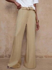 Lumalex VITNOS 秋冬新款高端优雅女装优雅卡其色舒适百搭金属装饰腰带设计宽松喇叭腿裤，配有腰带秋季商务休闲女士适合音乐会、约会、婚礼、派对、生日、夜间外出