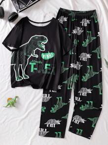 SHEIN 2 件青少年男孩短袖睡衣套装，轻盈酷炫恐龙印花，带有可爱恐龙和字母图案的衬衫，全身恐龙印花的裤子 - 黑色 - 查看 3