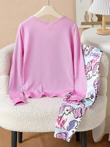 SHEIN 女童修身长袖上衣和裤子套装，粉色上衣搭配彩色独角兽涂鸦图案长裤，采用弹力面料，活动自如。 - 彩色 - 查看 2