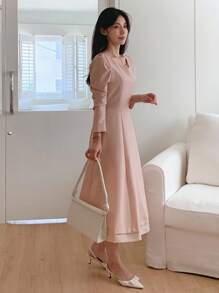 DAZY Damen 3/4 Ärmel elegantes fließendes Midi-Kleid Langarmkleid - Pink - Übersicht 2