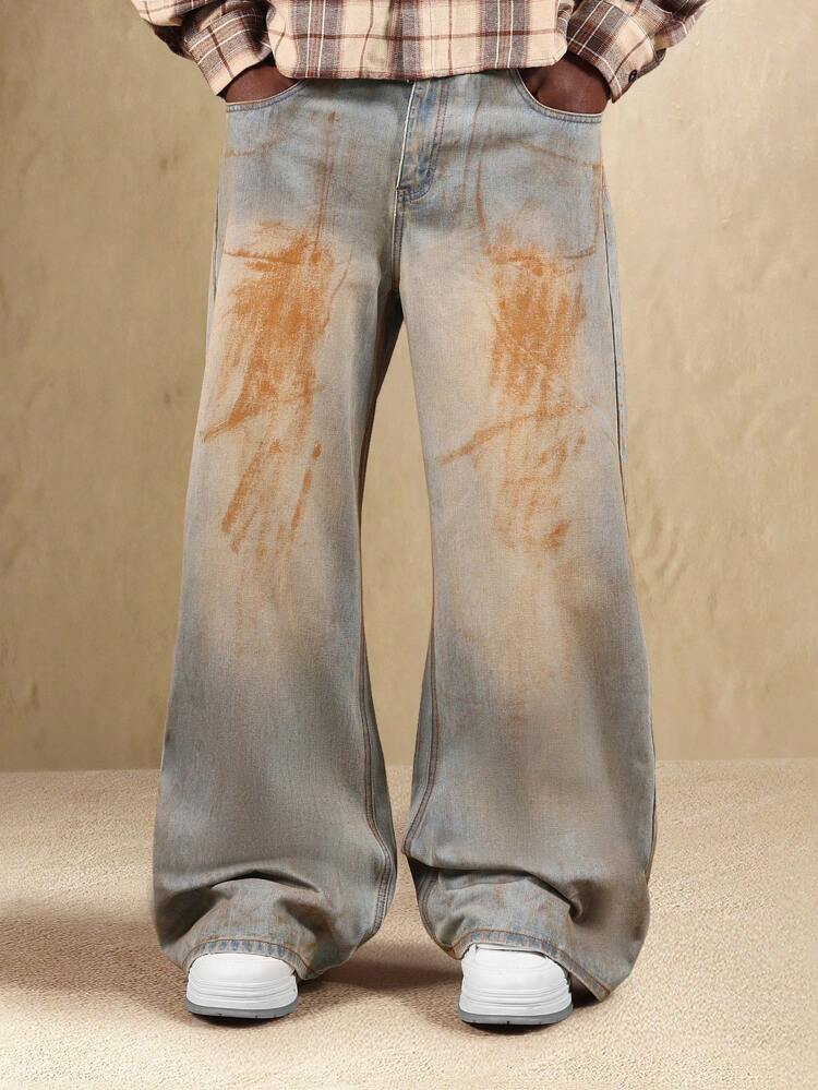 Wide Leg Flared Denim Pants With Vintage Wash