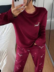 SHEIN 女士卡通小狗图案法兰绒长袖上衣和裤子蓬松睡衣套装，酒红色蓬松睡衣家居服套装，秋冬服装，舒适保暖 - 紅色 - 查看 4