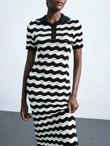 Maija 2025 Black & White Contrast Color Knitted Long Dress For Women Black And White Dress Women Knit Dress Women Polo Dress Mod Dress Autumn And Winter Women's Dress Featuring Artistic Stripes, Geometric Shapes, And A Unique Designer Style-An Ideal Choice For Halloween Parties. - Black and White - View 2