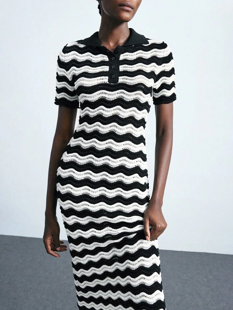 SHEIN Maija 2025 Black & White Contrast Color Knitted Long Dress For Women Black And White Dress Women Knit Dress Women Polo Dress Mod Dress Autumn And Winter Women's Dress Featuring Artistic Stripes, Geometric Shapes, And A Unique Designer Style-An Ideal Choice For Halloween Parties.
