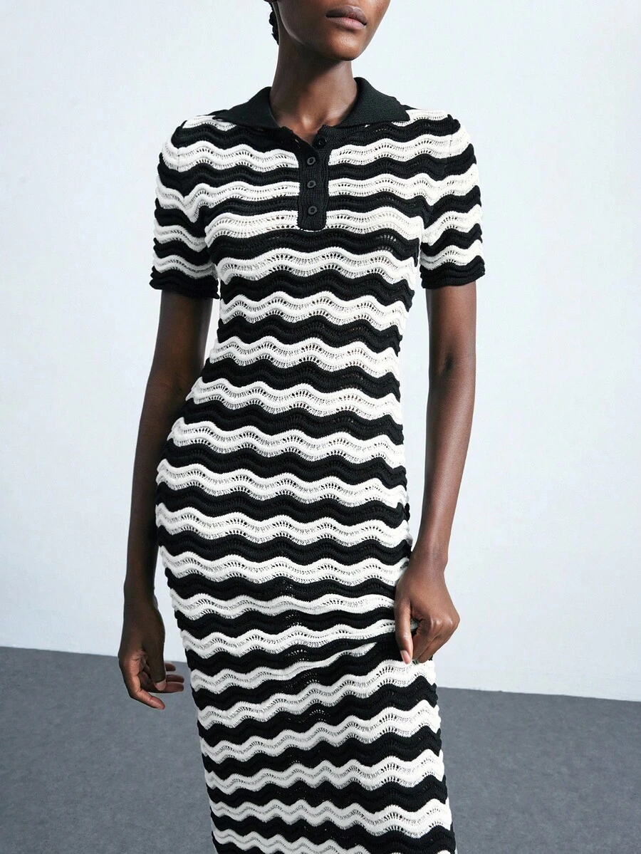 Maija 2025 Black & White Contrast Color Knitted Long Dress For Women Black And White Dress Women Knit Dress Women Polo Dress Mod Dress Autumn And Winter Women's Dress Featuring Artistic Stripes, Geometric Shapes, And A Unique Designer Style-An Ideal Choice For Halloween Parties.