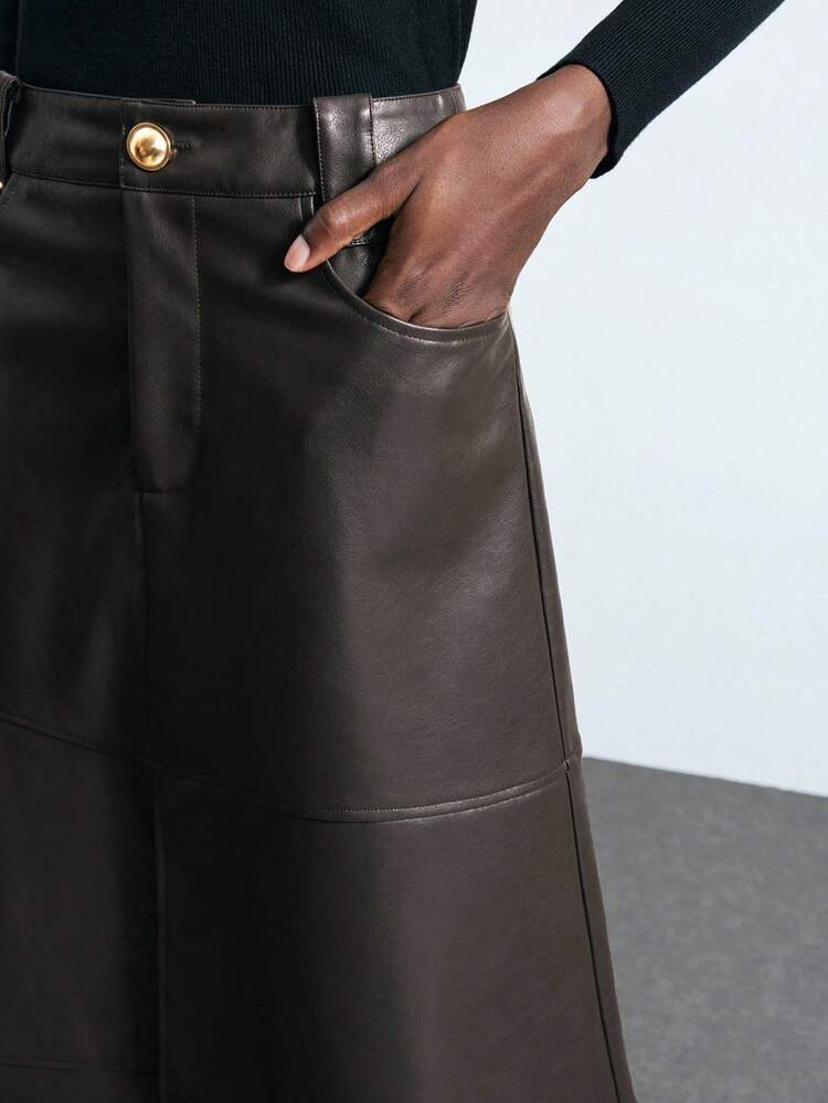 SHEIN Maija 2026 Modern City Early Autumn Classic PU Metal Buckle Design Midi Skirt, Suitable For Early Autumn Party Season And Back To School Season Fall Clothes For Women , Fall Outfits Women , Halloween, Elegant, Goth,  Brown Skirt Brown Leather Skirt Faux Leather Skirt Midi,Business Casual Outfits Women, A Line Skirt,, Old Money Style - Coffee Brown - View 7