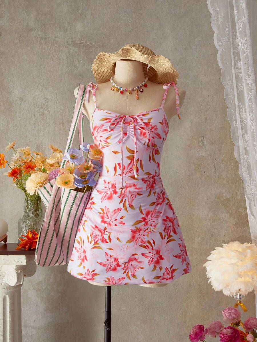 SHEIN Swim Maiô feminino de uma peça com estampa de alças finas e laço frontal com cordão