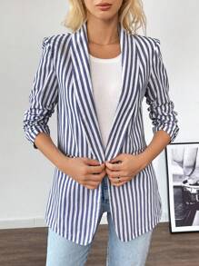 SHEIN Frenchy Áo khoác Blazer nữ thời trang thường ngày, kiểu dáng cổ điển, sọc vải lanh, tay áo ba phần tư, xếp nếp, quần áo công sở, quần áo giáo viên, áo khoác Blazer sọc, áo khoác Blazer giáo viên, quần áo mùa thu - Nhiều màu - Xem 3