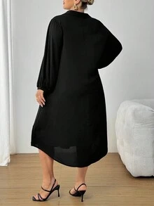SHEIN PETITE CURVE 大码女式时尚休闲宽松舒适清凉日常黑色 V 领长袖中长连衣裙、保守连衣裙、女式教堂服装、老钱风格、女式端庄服装、曲线黑色连衣裙、春季服装娇小女装灯笼袖连衣裙大码黑色优雅连衣裙女式娇小连衣裙娇小曲线连衣裙 - 黑色 - 查看 2