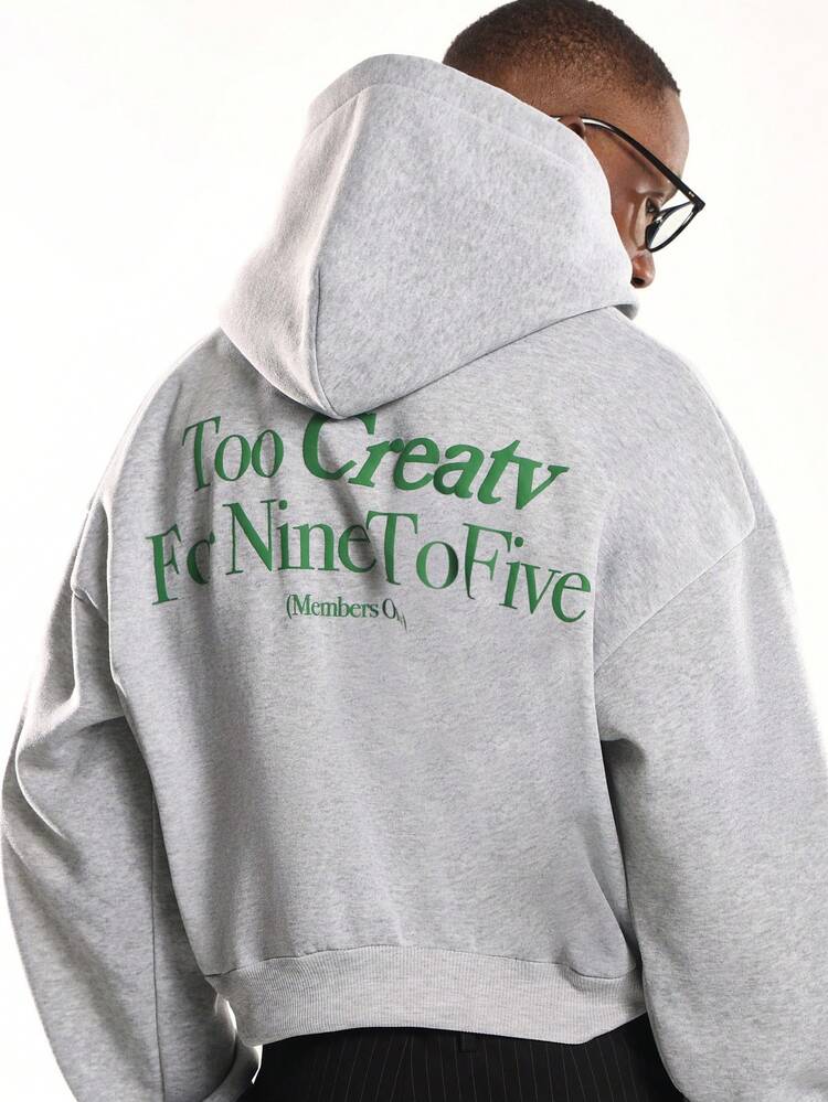 Grey Pullover Hoodie With Text Print And Centre Pocket