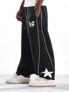 SUMWON Quần thể thao ống rộng Trendsetter dáng rộng in hình ngôi sao, sọc bên hông, dây rút, mặc dạo phố, mùa thu đông, đại học - màu đen - Xem 5