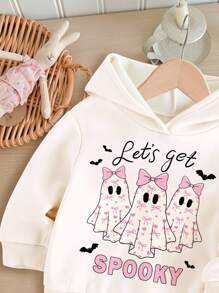 SHEIN Happikins Halloween, Cream Pink, Super Cute Little Ghost Bow Heart Print, Autumn Vibe, Baby Girl Casual Minimalist Letter Pattern Loose Raglan Hoodie Sweatshirt And Relaxed Fit Pants 2 Pieces Set, Sweet Casual, Outings, Street Style, Loungewear, Party, Picnic Fall Winter - Multicolor - View 4