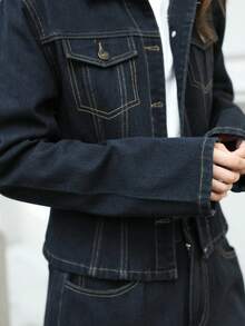 K-Vae Women's Autumn And Winter Dark Denim Jacket And Trousers Two Pieces Set, Old Money Style Denim Suit, Korean Style,Alloween Costumes,Chic Autumn - Dark Wash - View 1