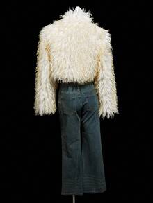 SHEIN ICON Women's Faux Fur Cropped Jacket In Pale Yellow, Fashionable, Sexy, Minimalist, Cute, Retro Style For Autumn/Winter Faux Fur Coat Faux Fur Jacket Cropped Fur Jacket Shrug Halloween Party - Yellow - View 2