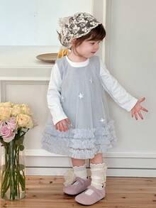 DAZY 女童圆领韩版荷叶边星星中长款派对生日连衣裙 - 灰色 - 查看 1