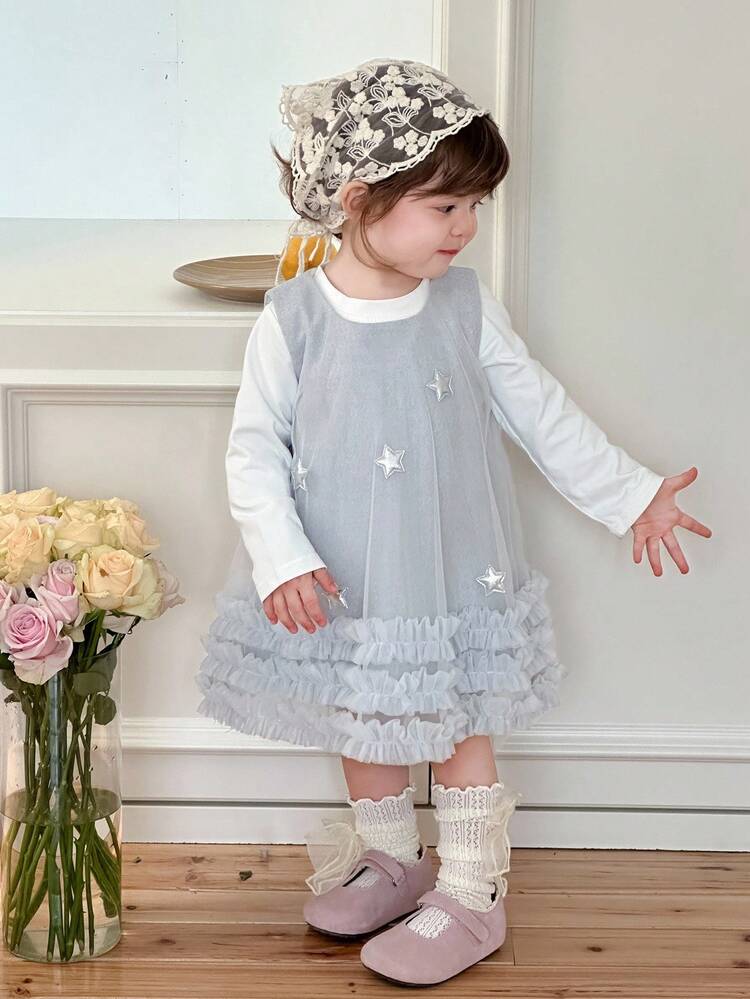 Toddler Girls' Round Neck Korean Style Ruffle Trim Star Midi Party Birthday Dress