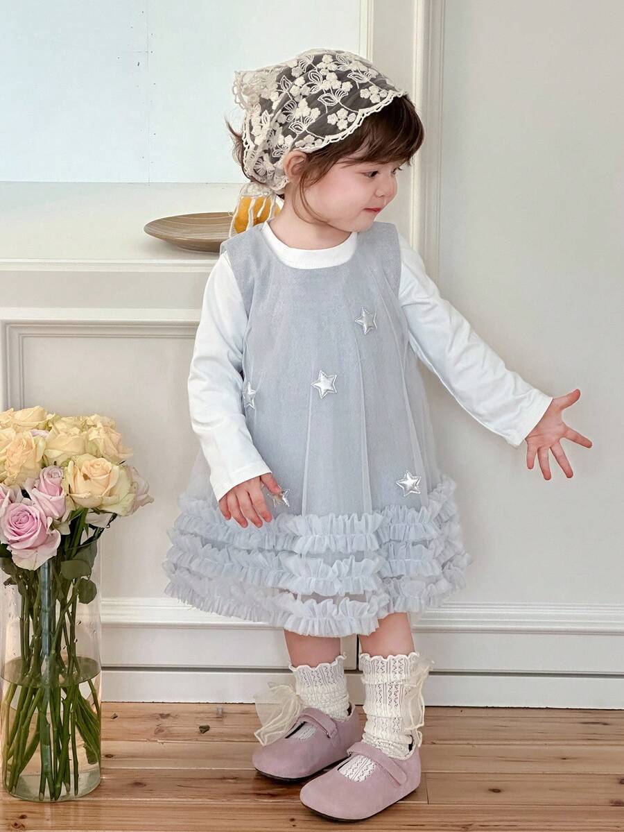 DAZY 女童圆领韩版荷叶边星星中长款派对生日连衣裙 - 灰色 - 查看 1