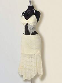 SHEIN ICON Conjunto de verano y primavera para mujer con falda asimétrica de cintura baja con volantes y top halter de cuello anudado de encaje jacquard texturizado en estilo bohemio retro y sexy en color albaricoque - Albaricoque - Ver 5