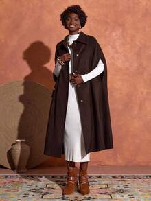EURMUSE Women's Solid Color Single-Breasted Cape Sleeve Loose Winter Jacket - Brown - View 6