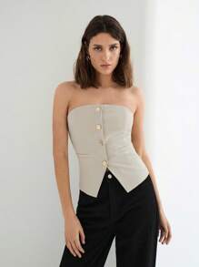 Maija Women's Apricot Summer Top, Solid Color Front Single-Row Metal Button With Pockets, Back Elastic Waist, Sleeveless Fitted Crop Top, Fashionable Simple Sexy For Holidays, Office, Casual, Business, Commuting, Airport - Khaki - View 3