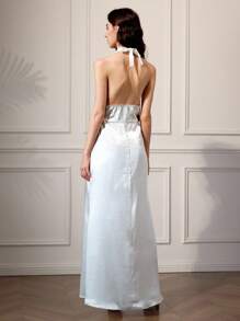 Briarwyn Vestido elegante de unicolor sin espalda con cuello halter, ropa de otoño, estilo de mujer de dinero antiguo, atuendo de fiesta todo blanco para mujer, atuendo de cita nocturna para mujer, atuendo de vacaciones para mujer, vestido de invitada de boda para mujer, vestidos de fiesta para mujer. - Blanco - Ver 3