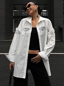 DAZY Blusa elegante de manga larga con botones frontales y bordado floral para mujeres - Blanco - Ver 7
