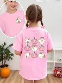 SHEIN Girls' Halloween Ghost Pumpkin Shirt Pink And White,Summer,Cute,City Break Oversized Tween Girl Creative Grid Bow Graphic Print Short Sleeve T-Shirt - Pink - View 8