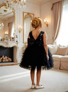 Elladie kids Gonna a strati con decorazioni di fiocchi e paillettes, adatta per feste, compleanni, festival, esibizioni, matrimoni e altre occasioni formali - nero - Visualizzare 2